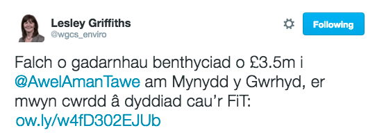 Lesley Griffiths tweet in Cymraeg