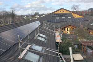 Photovoltaic solar panels on the roof of Maindee Primary School, Newport, Gwent.