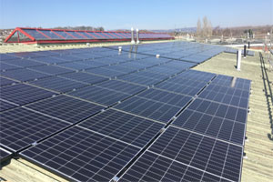 Photovoltaic solar panels on the roof of Bassaleg Comprehensive School, Newport, Gwent.